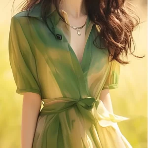 2024 new summer style Naples forest style literary and artistic super fairy mint mambo green chiffon shirt dress